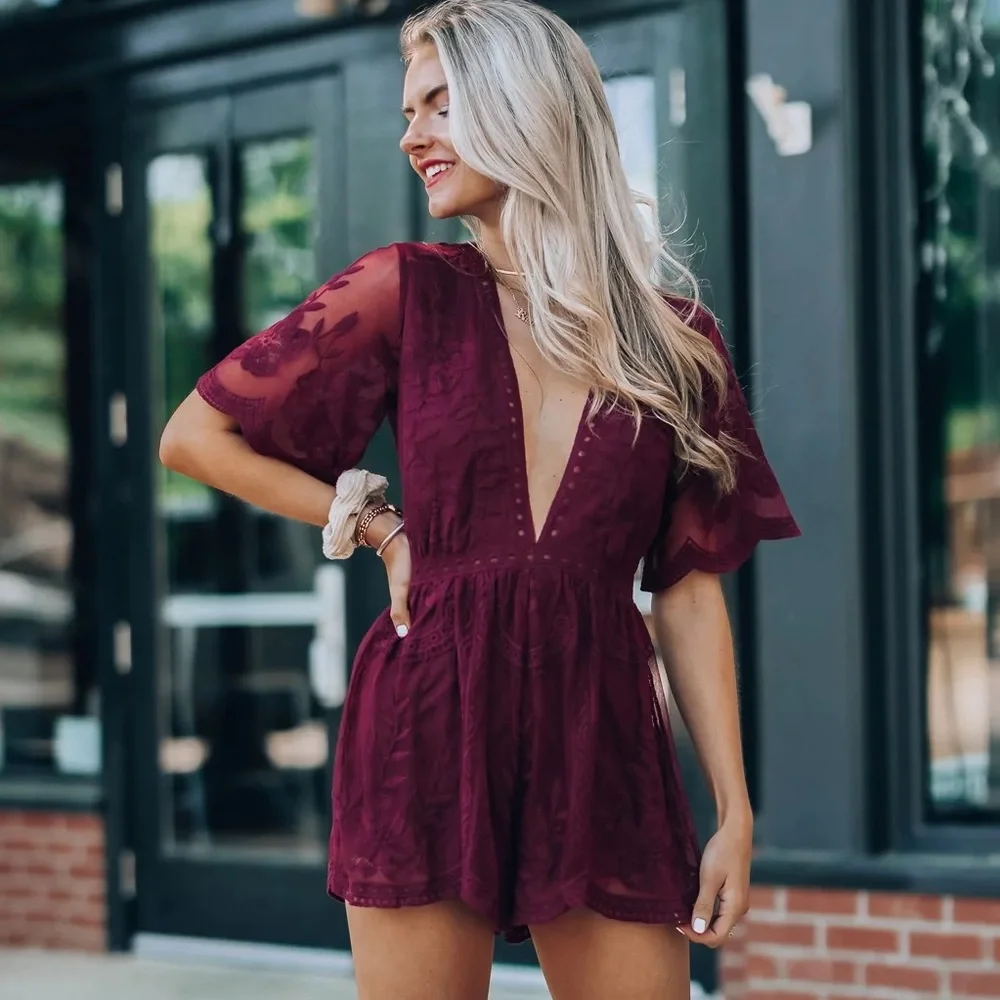 Elegant Burgundy Crochet Lace Romper - Picture 3 of 7